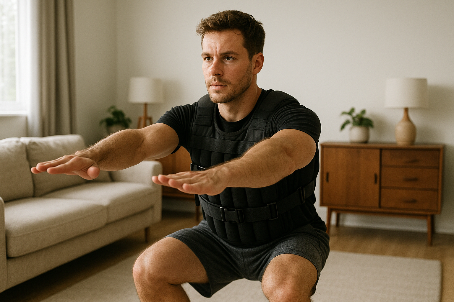 Image with a person wearing a black weighted vest doing something at home